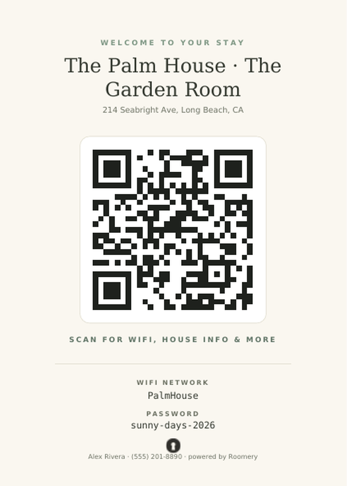 A printed Roomery welcome card: property name, a large QR code, and WiFi details on a cream 5×7 card.