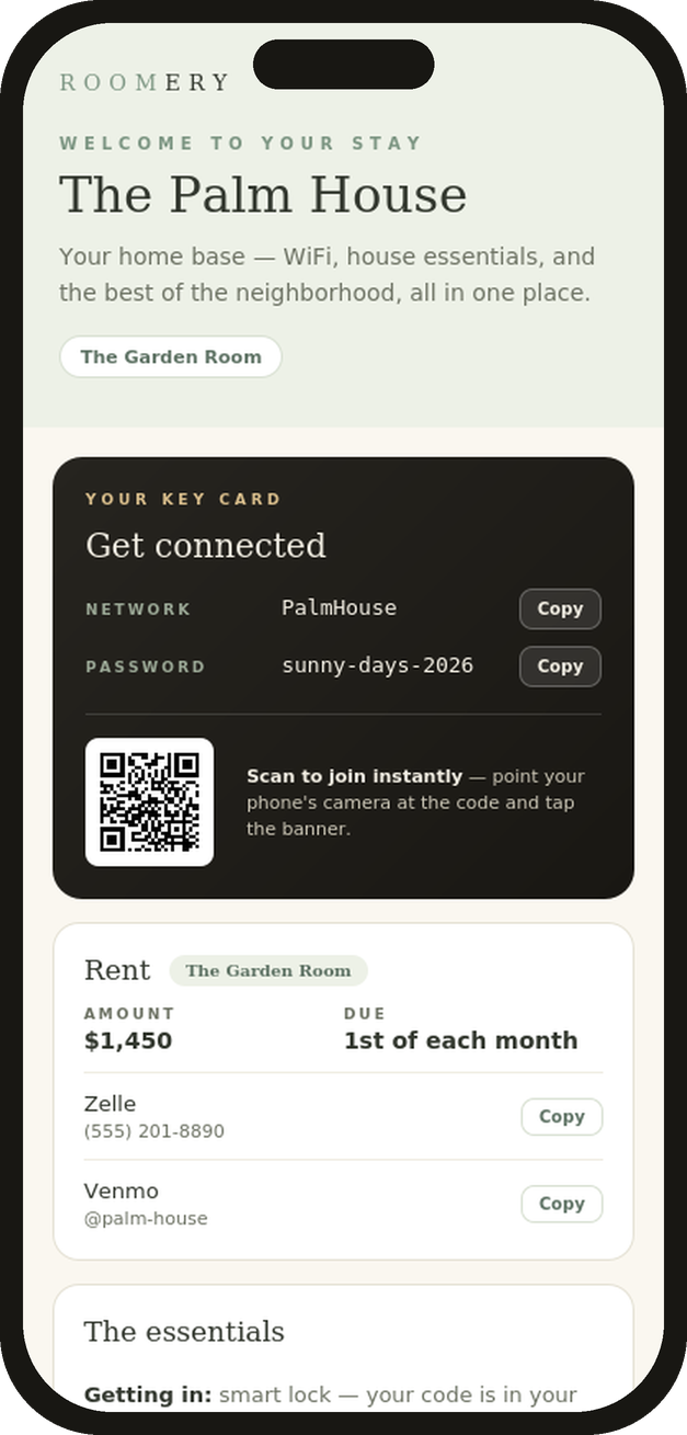 A Roomery guest page on a phone: WiFi key card with scan-to-join QR, rent details with copy buttons, house essentials, and local favorites.