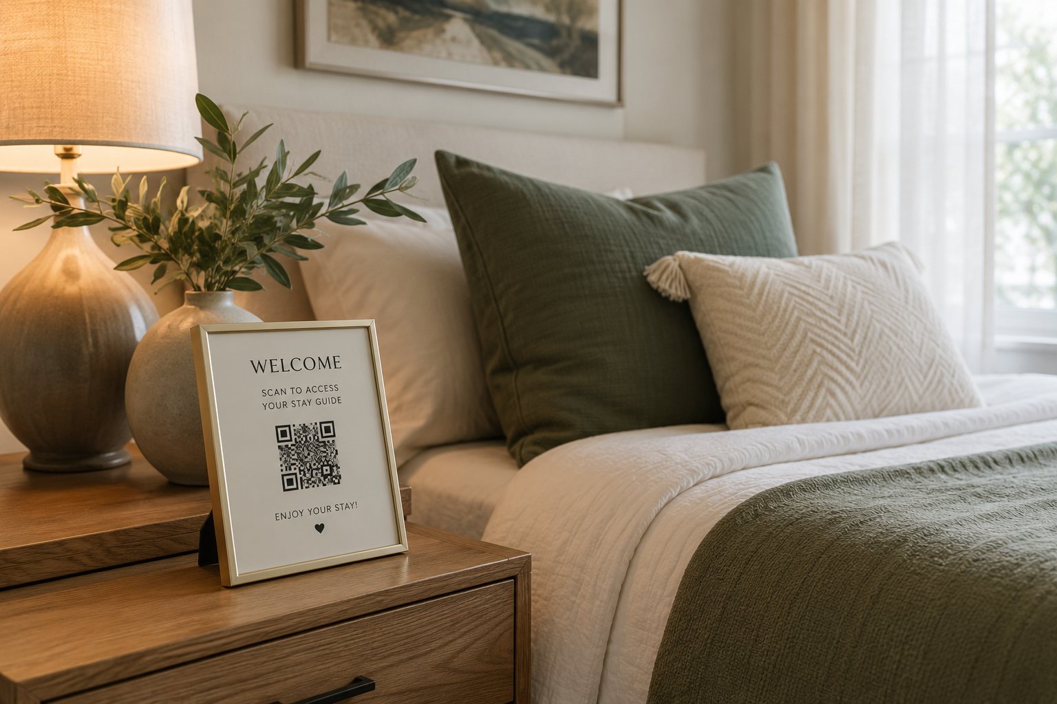 A bright furnished guest room with a framed Roomery welcome card on the nightstand.